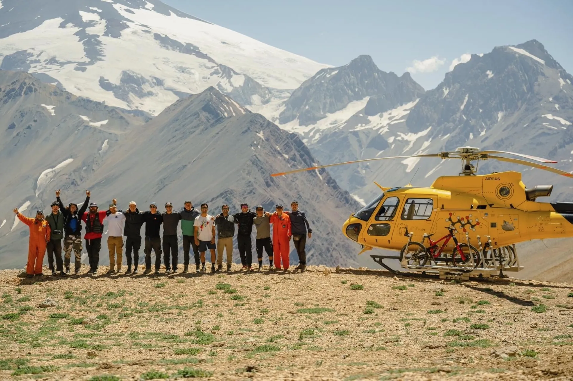 Anthill Films, Chile, Helicopter, Anytime Film, Mountain bike movie, mountain bike, bike, Andes, Andes mountains, team photo, anthill films team photo, Brett Rheeder, Brage vestavik, Kade Edwards, heli drop